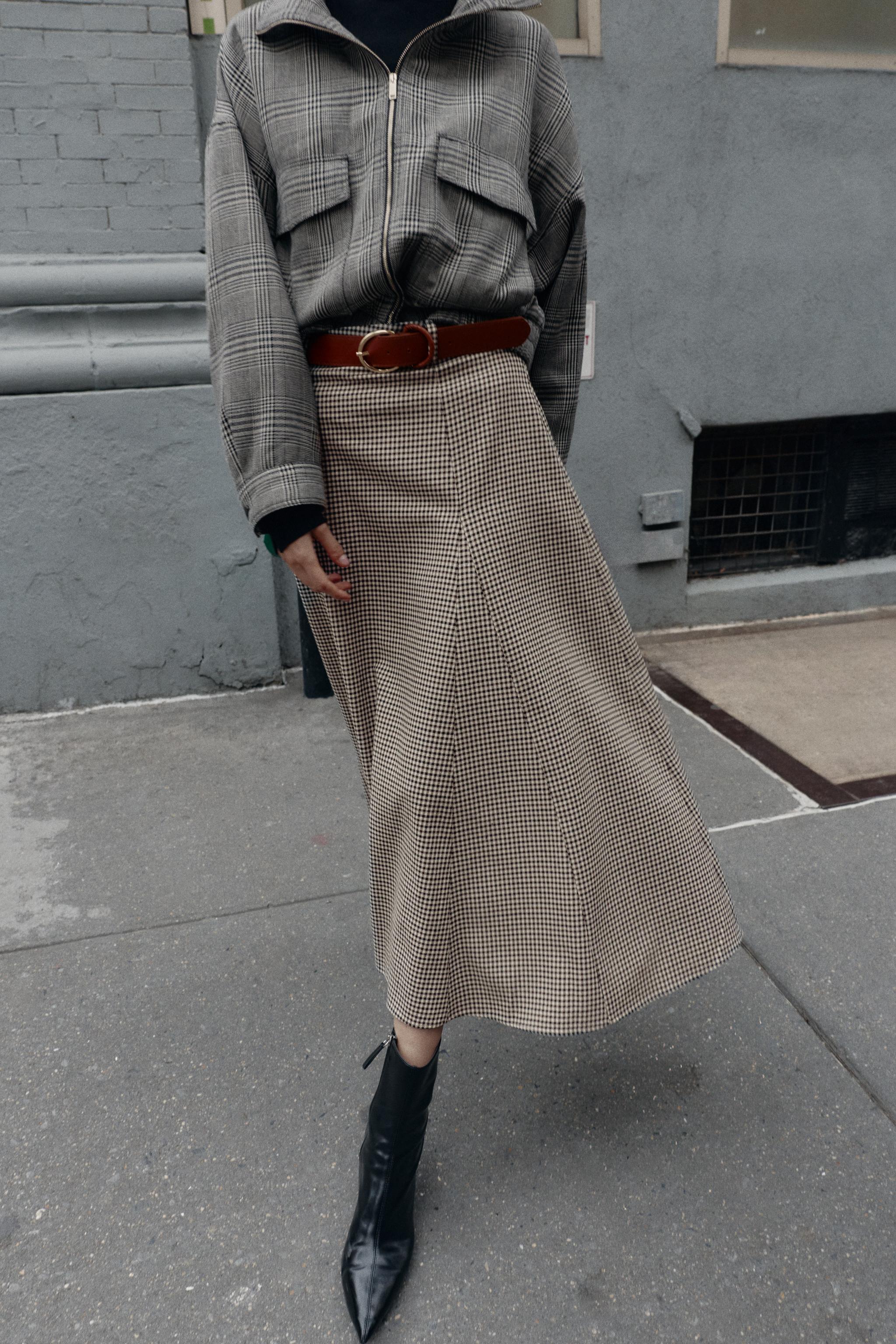 JUPE MI-LONGUE CAPE CEINTURE PIED-DE-POULE